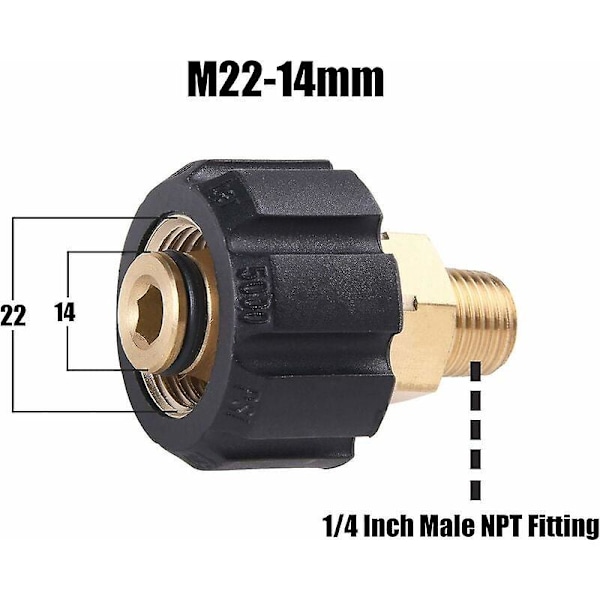 Painepesurin sovitin - M22 naaras - 1/4" uros NPT-liitin, 5000 PSI