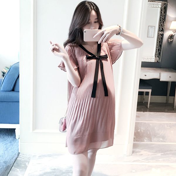 Løs plisseret kjole til kvinder, blød, åndbar, elegant bue-graviditetskjole til daglig shopping, pink, XL