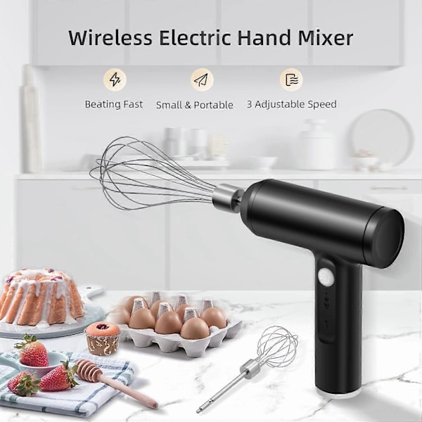 Elektrisk handmixer i rostfritt stål, USB-uppladdningsbar sladdlös elvisp med 2 visphuvuden, 3 hastighetslägen - Svart