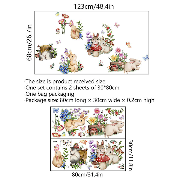 En uppsättning väggdekaler med kaniner, blommor och fjärilar - väggdekor för barnrum