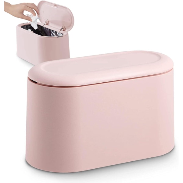 Liten (rosa) papperskorg med tryckknappslock för kontor, badrum, kök och sovrum, förvaring av husdjursfoder