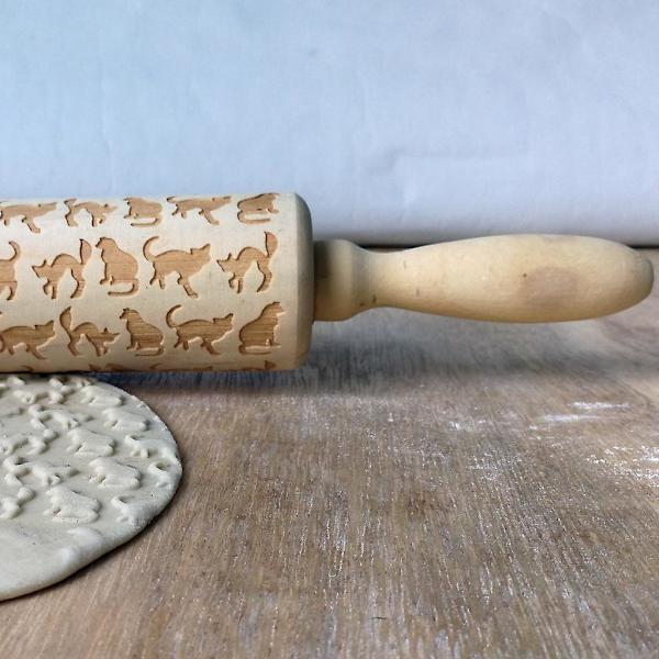 Kattungemønster preget trekjevle for hjemmebaking (35 cm x 4 cm)