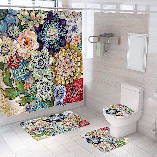 Farverig Blomster Bruseforhæng - 180x200 cm - Vaskbar & Vandtæt - Anti-Mould - 12 Ringe - Rød Grøn Blå Brun Gul