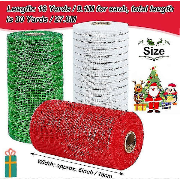 3 Rullar Meshband, 15 cm x 9,1 meter, Röd Grön Vit Randig Dekorationsmesh för Kransar, Girlanger och Juldekoration_SZXM