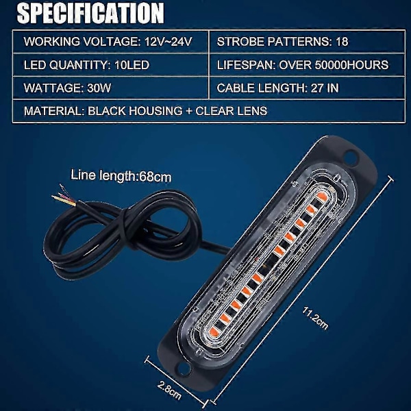 Gule LED Strobelys - 4D 4 stk., 10 LED'er, Nødlysbar til Bil Auto Blink - 12V 24V Sikkerhedsbeacon
