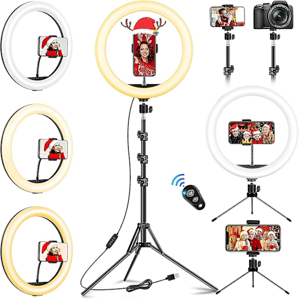 Justerbar 12\" Ring Light med stort stativ - Perfekt för TikTok, YouTube, Live Streaming, Makeup - 210cm höjd - Inkluderar Bluetooth-fjärrkontroll