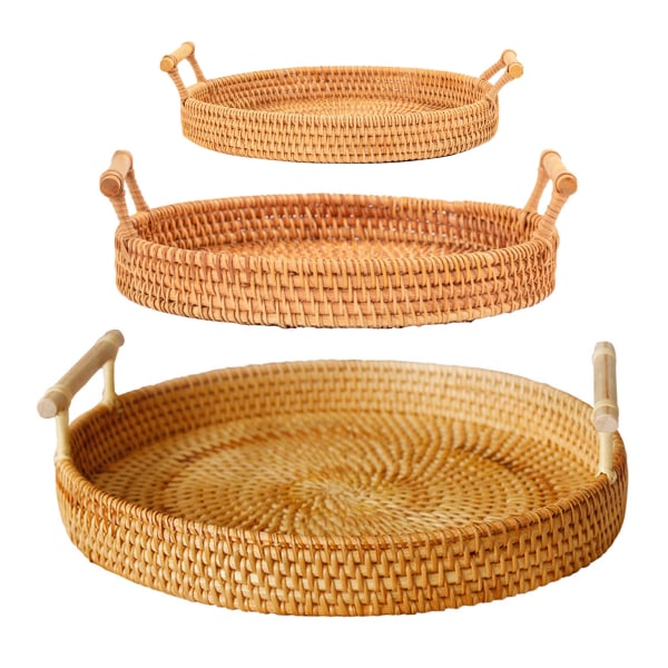 Hand Woven Round Rattan Serving Tray Bread Fruit Dessert Snack Basket with Handles 3 Piece Set