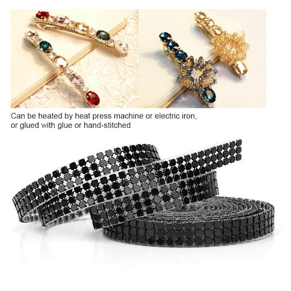 1,5m 3 rækker Aluminiumsnet Rhinestones Bånd Syning Strass Trim Tøjtilbehør (sort)