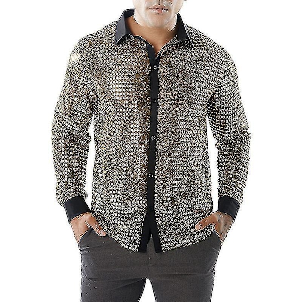 Skinnende Sequin Mesh Top til Mænd - Retro Disco Danse Skjorte M guld