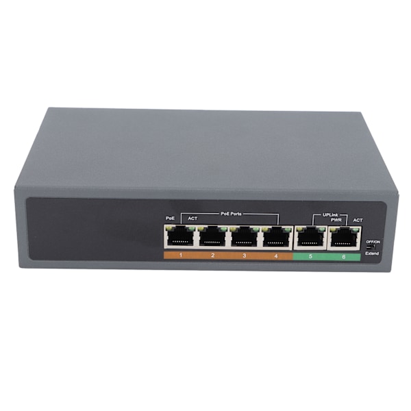 POE-switch IEEE802.3af/at 100 Mbps Lille kompakt lydløs stationær ventilatorløs 6 porte POE-switch til adgangspunkt 100-240VUK-stik