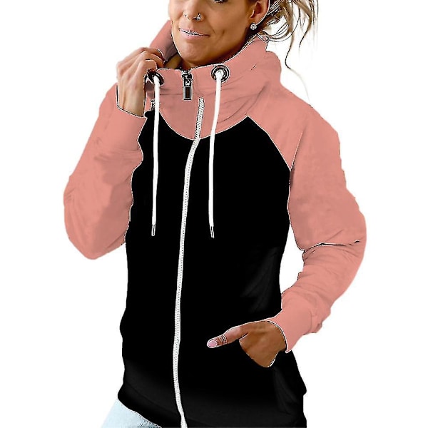 Colorblock Hoodie Sweatshirt - Dam tröja med dragkedja och fickor M Rosa