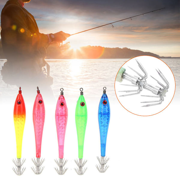 5 kpl Luminous Squid Jigs Keinotekoiset kalastusuistimet 2-kerroksisilla koukuilla Kalastustarvikkeet