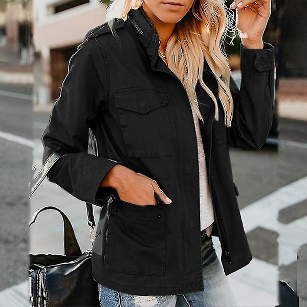 Snap-knapper Militærjakke | Streetwear Efterårsjakke | Langærmet Utility Jakke | Sort | Kvinder S