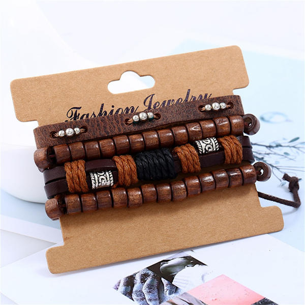 DIY vävd 4-delad set justerbart äkta läderarmband kombination läderarmband