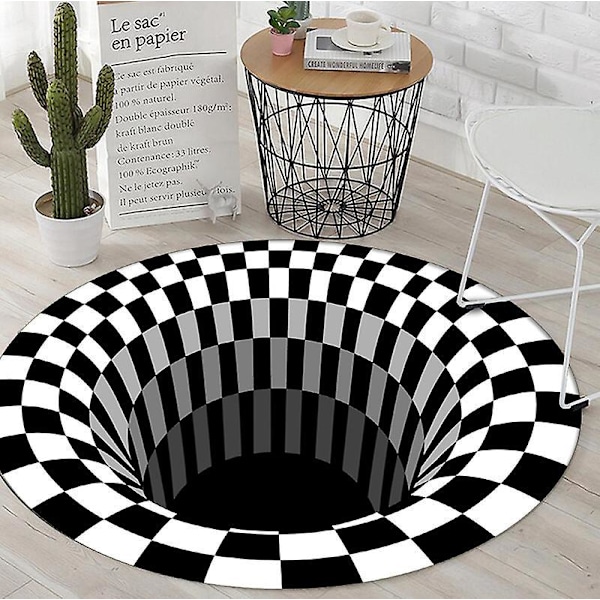 Svartvit Rutmönstrad Rund Matta, 3D Vortex Illusion Matta, 3D Vortex Matta Sovrum Vardagsrum, 80cm