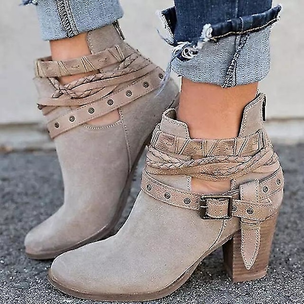 Grå Spænde-Rem Chunky Hæl Ankelstøvler til Kvinder, Vinter & Efterår Casual Stil
