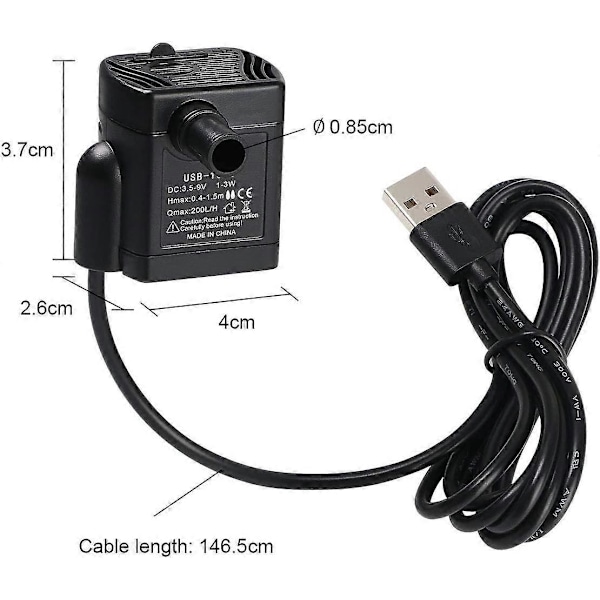 Upotettava vesipumppu, akvaariopumppu säädettävä 200L/H 3W erittäin hiljainen USB-pumppu lammelle akvaarioon suihkulähteelle akvaarioon 1,4 m johto