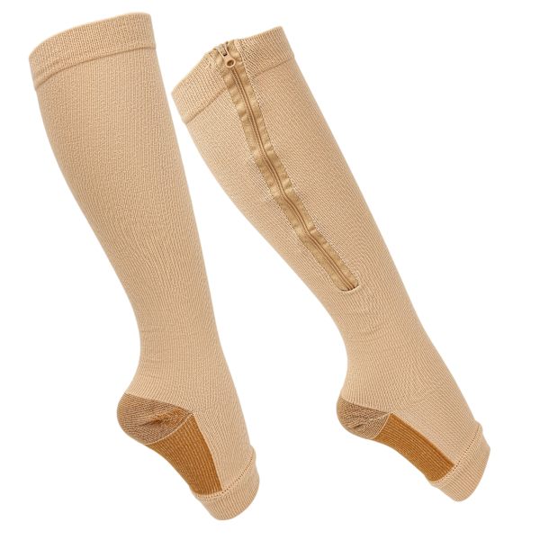 Dragkedja kompressionsstrumpor Mjuk nylon Tvättbar Återanvändbar öppen tå benformande strumpor för kvinnor Hudfärg Splicing L/XL