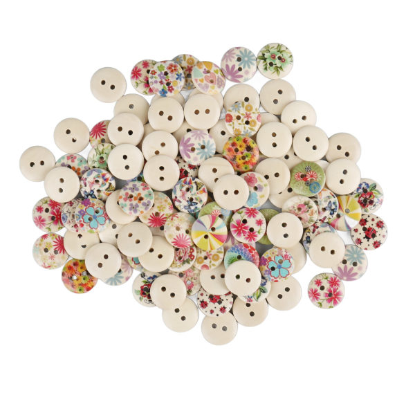 100 stk 0,6 tommer blandede trykte treknapper DIY håndverksknapper Dekorative runde knapper for sying Håndverk Loggfarge Blomster 100 stk 0,6 tommer