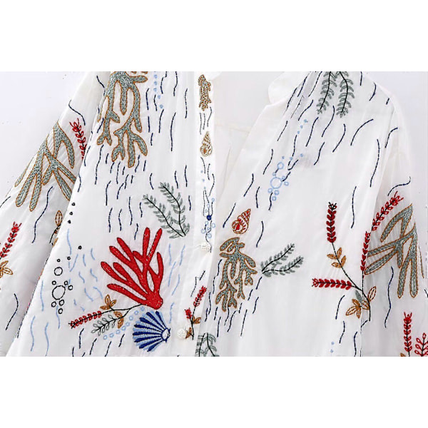 Dame Mode Broderet Lang Bluse Blød Talje V-Hals Enkelte Knapper Side Drapering Afslappet Sommer Polyester EUXS