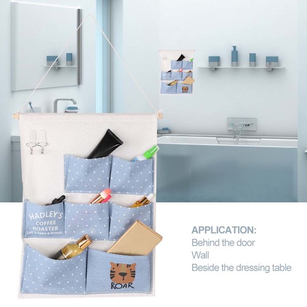 7 lommer Sødt tegneseriemønster væghængende taske Kosmetisk makeup børste opbevaring Organizer Blue Tiger
