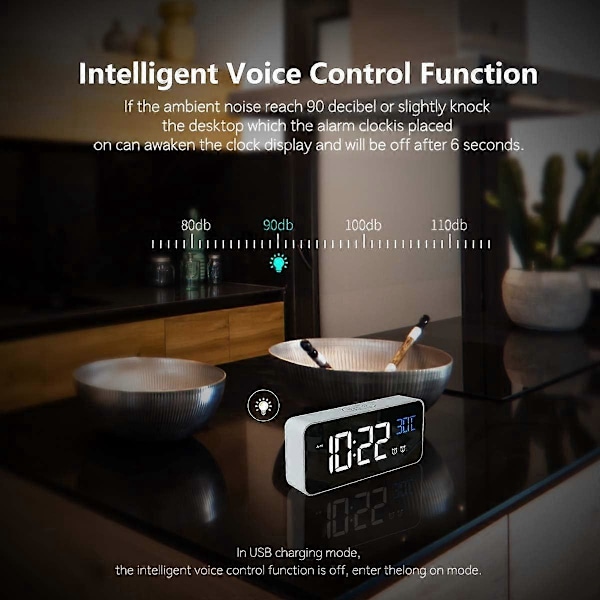 Digital Väckarklocka, LED Väckarklocka Med Snooze-funktion, USB-Port Laddning (Vit)