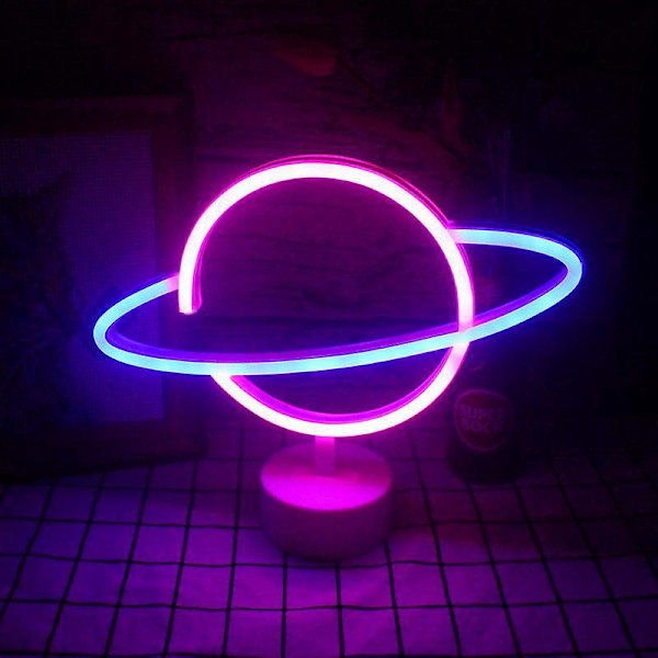 Neon Planet Bordlamper - Blå/Pink Natlampe med Holderbase