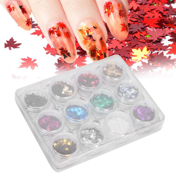 12 färger nagelkonst paljetter lönnlöv nagel glitter flingor glänsande dekoration manikyrverktyg