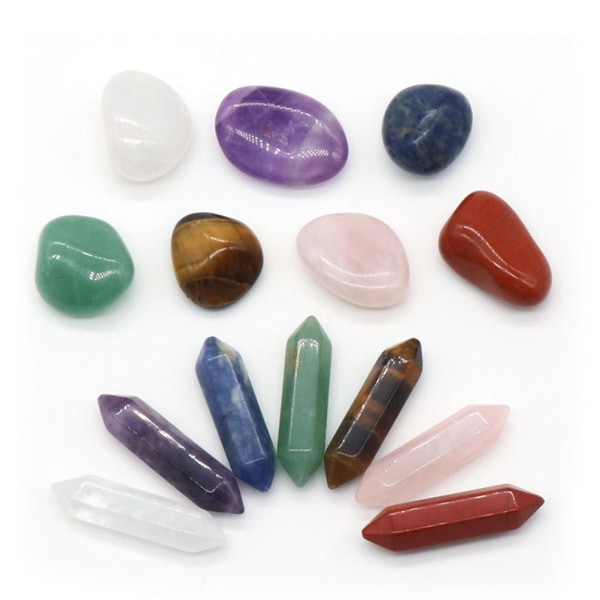 14 stk Premium Crystals Kit 7 Chakra Sæt Sekskantet Søjle Uregelmæssig Yoga Stone Spirituel Massage Stone Labradorite