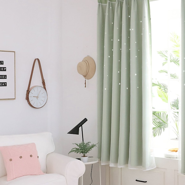 Fönstergardin i voile med ihåliga stjärnor, genomskinlig panel, sovrums- och vardagsrumsdekor, grön