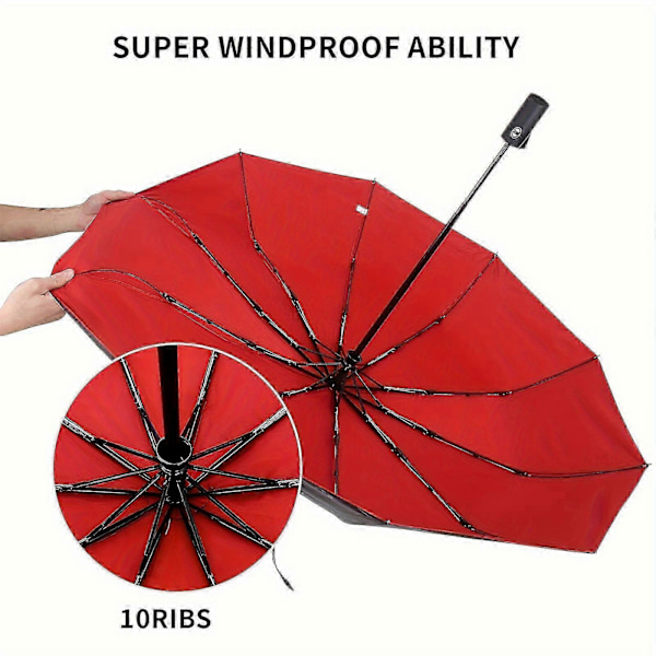 Automatisk Åbning og Lukning 10 Ribber Dobbelt Lag Vindtæt Paraply Foldbar Parasol Sort