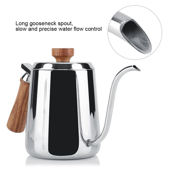 Kaffekande i 304 rustfrit stål med træhåndtag og lang svanehalstud (600 ml)
