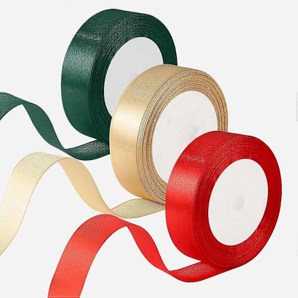 3 Rullar Jul Satinband, 1cm x 22m Rött Satinband Guld Satinband Mörkgrönt Satinband, Färgat Tygband för Presentinslagning Jul Bröllop