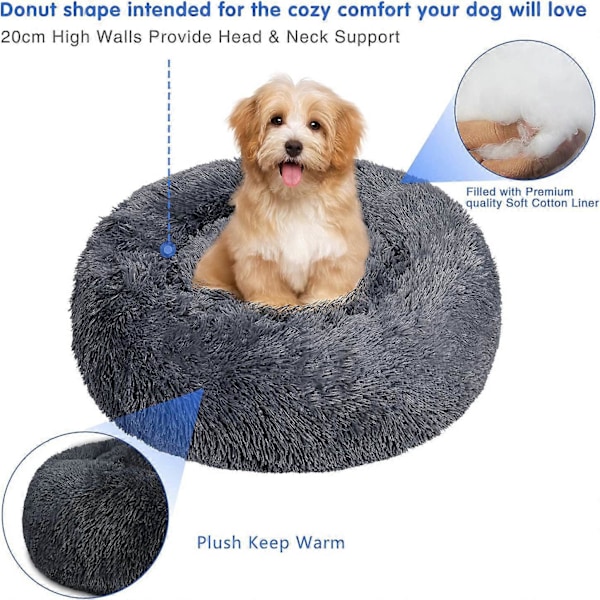Rund Hundekurv Kattepute Donutkurv, Hundekurv Hundeseng Ekstra Myk Koselig og Søt Hundeseng, Pute for Katter og Små Mellomstore Hunder, 50cm, Mørk Grå