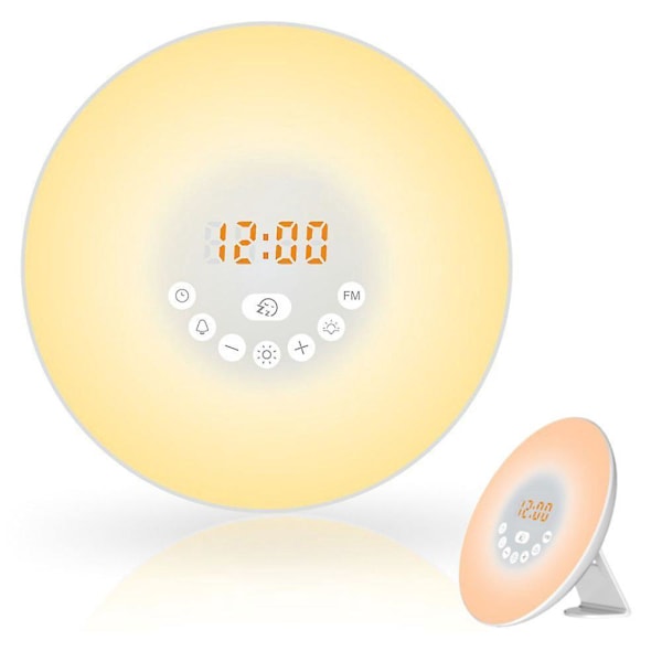 Solnedgångs väckarklocka med dubbla alarm, snooze-funktion, 7 färgade atmosfärslampor och inbyggd Bluetooth-högtalare