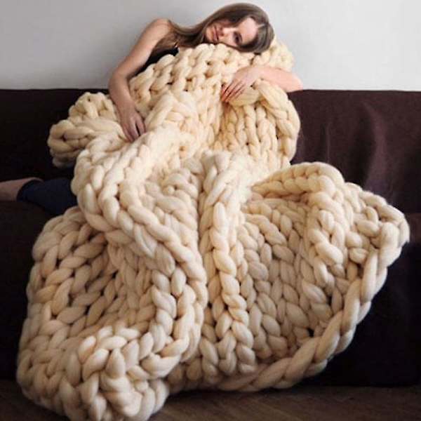 Tykk Merinoull Strikket Pledd - Bohem Soverom Hjemmedekor - Beige - 100x120cm
