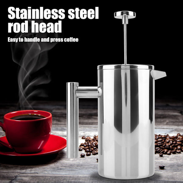 Dobbelvegget kaffetrakter i rustfritt stål, franskpresset tekanne med filter (800 ml)
