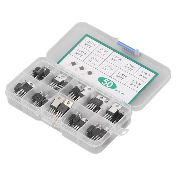 50 st transistorkit TO 220 serie LM317T L7805 L7806 L7808 L7809 L7810 L7812 L7815 L7818 L7824 10 värden sortiment