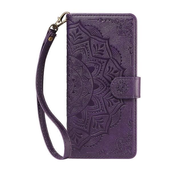 Compatible with iPhone 16e / iPhone 17e Wallet Case Embossed Mandala Pattern PU Leather + TPU Shell with Wrist Strap