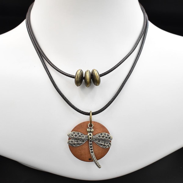 Bohemisk vintage brun trähalsband set för kvinnor - handgjort lång tröja halsband med trollslända och livets träd hänge