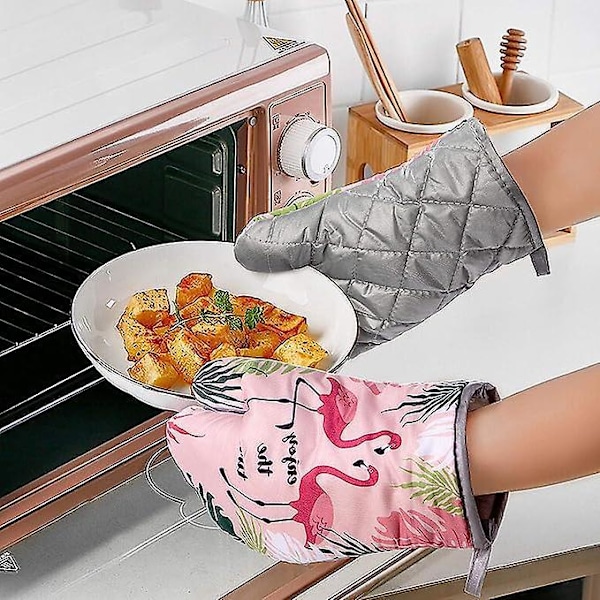 Ugnshandskar och Grytlappar Bomull Kök Ugnshandskar Värmebeständiga Grytlappar för Ugn Grill Matlagning Hantering (Flamingo)