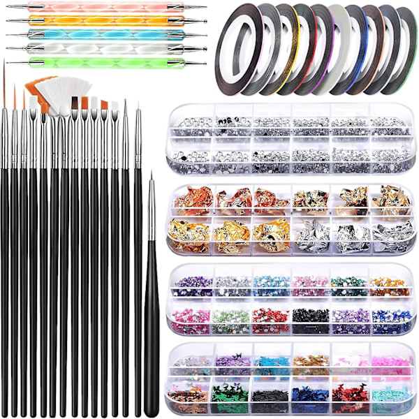 Nagelkonstborste set - Professionell nagelpenna designer med prickverktyg, holografiskt fjärilsglitter, folie flingor och nagelbandremsa