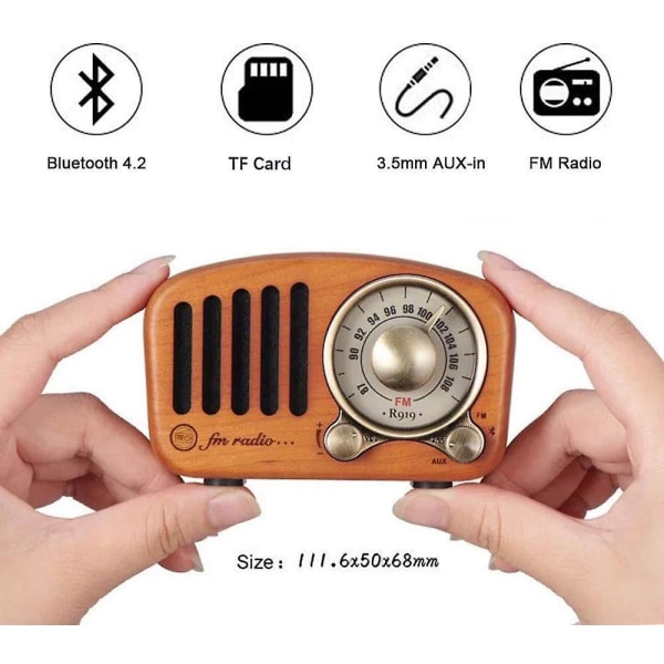 Bærbar FM-radio med Bluetooth-transistor, genopladeligt batteri og trædekor minihøjttaler
