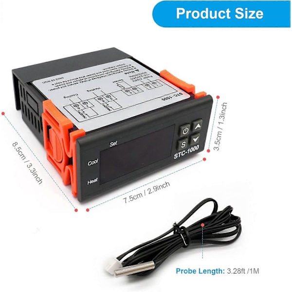 STC-1000 Digital Temperaturregulator 10A LED Display Temperaturregulator Termostat med Sensor (DC 12V)
