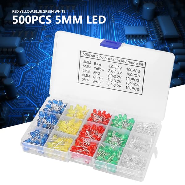 500 st 5mm LED-ljus Röd Gul Blå Grön Vit Sortiment Dioder Kit