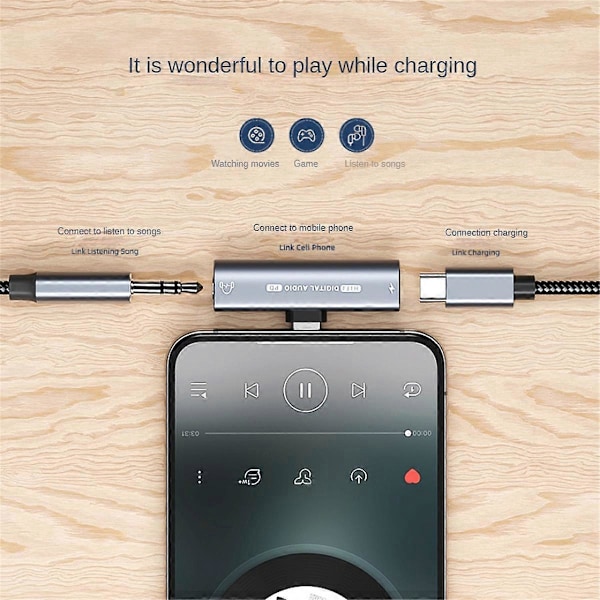 2-in-1 USB Type-C - 3,5 mm:n kuulokeadapteri 16 bitin/48 kHz:n dekooderilla, musta