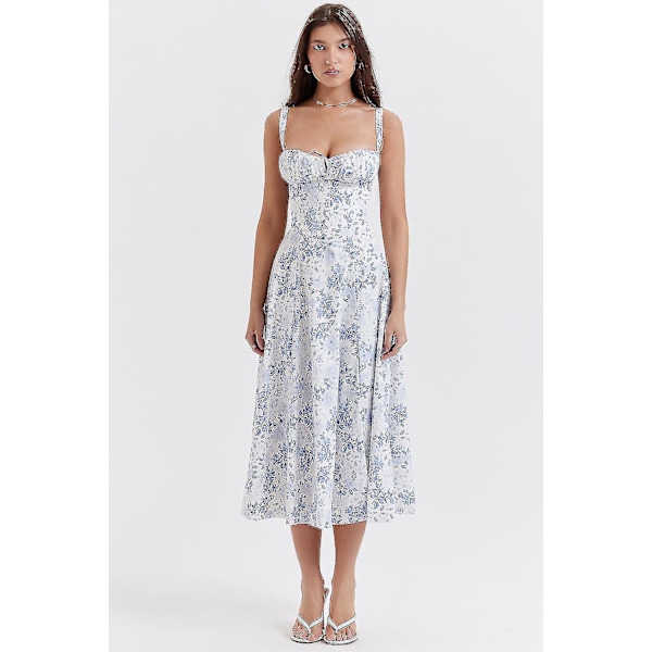 Floral Print Ærmeløs Ruched Buste Split Lår Boho Midi Kjole S Hvid og Blå Blomst