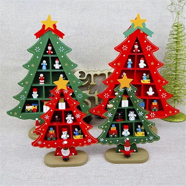 Mini Julgransprydnader i Trä, Julgran i Trä för Bord, Mini Julgran, Julgransprydnader DIY med Små Dekorationer (Grön,