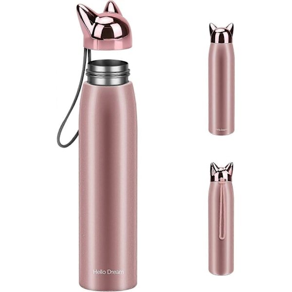 Söt Katt Vattenflaska, Rostfritt Stål Isolerad Vattenflaska Termos Vakuum Rese Kaffemugg, 320 ml/10.8 oz (Rosa)