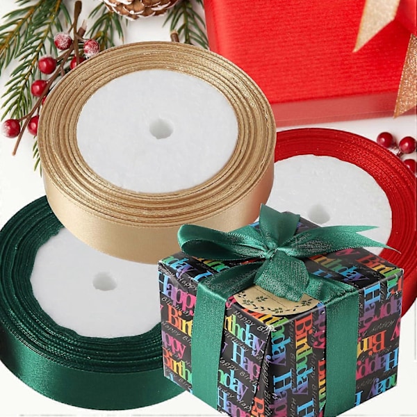 3 Rullar Jul Satinband, 1cm x 22m Rött Satinband Guld Satinband Mörkgrönt Satinband, Färgat Tygband för Presentinslagning Jul Bröllop